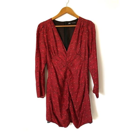 ZARA Red Black Print Side Ruched V-neck Long Sleeve Mini Dress - Picture 3 of 8